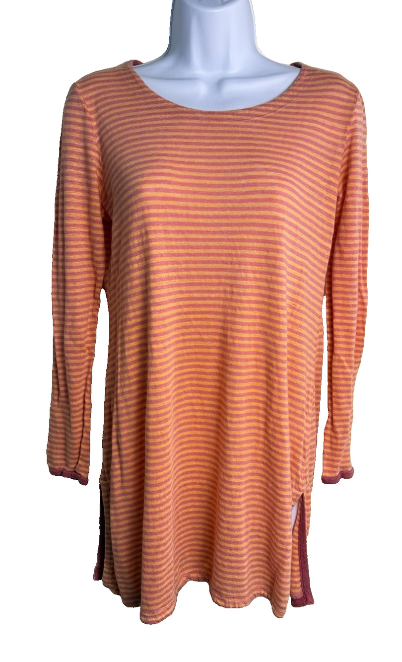 Eileen Fisher 100% linen Striped Tunic top XS orange pink LS lagenlook coastal